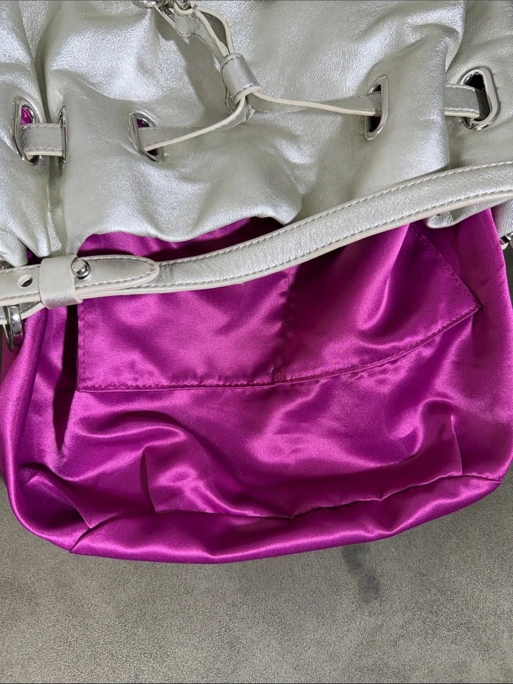 Cole Haan Metallic Silver Leather Drawstring Bucket Bag